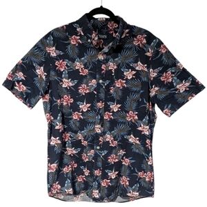 Vintage Chaps Navy And Pink Floral Button Down Short Sleeve Shirt, Size Medium